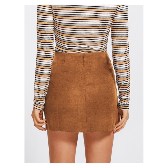 Brown Faux Suede Side Lace Up Mid Waist Mini Skirt - Picture 4 of 7